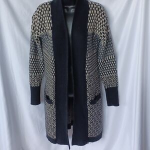 Ruby Moon Long Cardigan Sweater, black & cream, wool blend, Size Small
